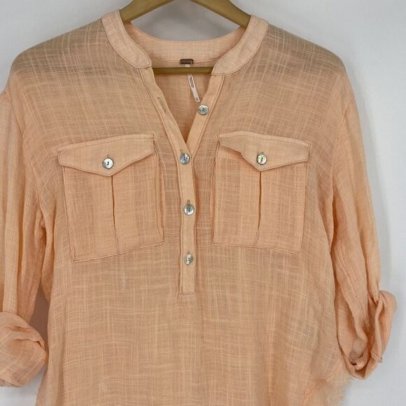 Free People Tunic Top Size XS Womens Peach Talk To Me Crinkled Frayed Hem Shirt - Picture 2 of 8